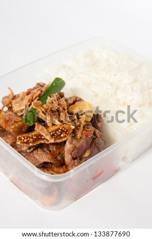 Thai take away food, garlic beef with rice