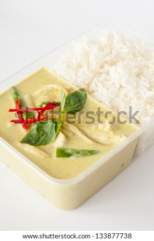 Thai take away food, green curry with rice