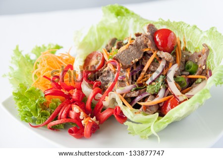 Thai beef salad, grill beef with salad.