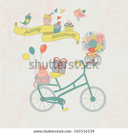 Happy birthday greeting card with cute vintage bicycle, cat, flower and birds.
