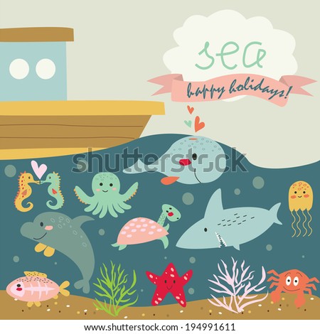 Cute marine background with turtle x-ray fish dolphin crab jelly-fish shark whale sea-horses octopus starfish corals and ship in cartoon style Cute marine background with turtle x-ray fish dolphin crab jelly-fish shark whale sea-horses octopus starfish corals and ship in cartoon style