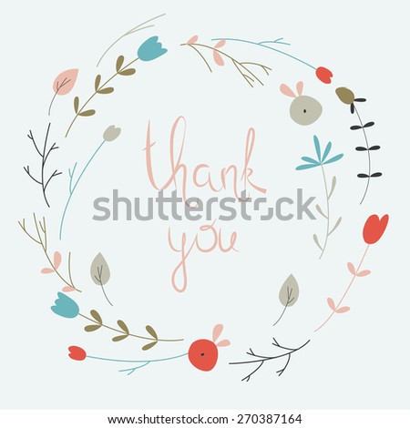 Cute floral wreath with small flowers in cartoon style. Thank you card.