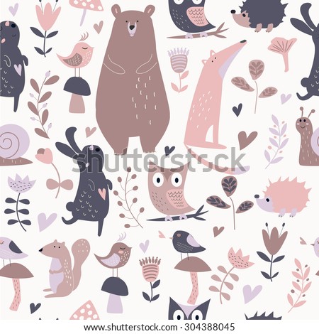 Cute seamless background with forest animals, birds, flowers and mushrooms in cartoon style
