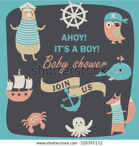 Baby shower invitation with cute animals in nautical style