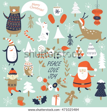 Christmas cards with cute Santa Claus, trees, flowers, mittens, snowflakes and christmas toys, penguin in winter cap, elf, christmas crackers and forest animals  in cartoon style