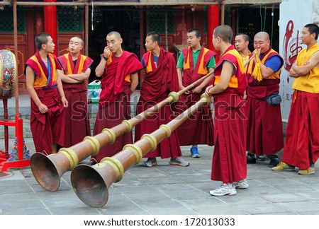 HOHHOT, INNER MONGOLIA - JULY 12: Monks are preparing for the annual holiday presentation at the Dazhao Monastery on Jul 12, 2010. Dazhao is the largest Buddhist monastery of Hohhot, Inner Mongolia