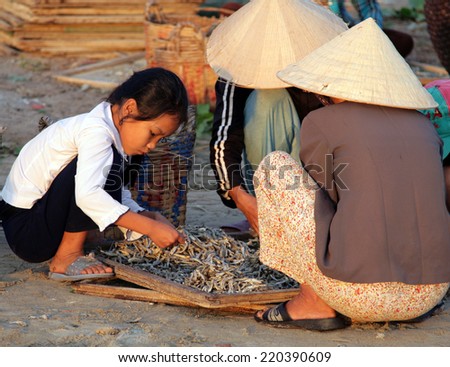 MUI NE, VIETNAM - FEB 13, 2009: Vietnamese women sort fish for the famous fish sauce Nouc-mam. Extraction of seafood is the main business in the coastal villages of Vietnam