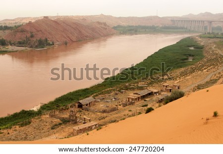 Yellow River (Huang He) - amazing landscape in Shapotou scenic area, Ningxia province of China