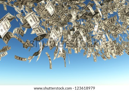 a dense rain of one hundred dollars banknotes is coming down from a blue clear sky