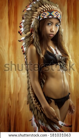 Native american, Indians in traditional dress, standing in profile, American indian Girl, background made of wood