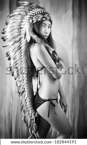 Native American, Indians in traditional dress, standing in profile, American indian Girl, background made of wood, black and white
