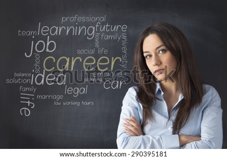 Businesswoman in front of career plan on blackboard