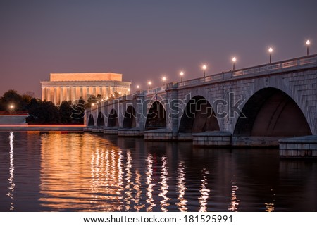 Arlington Memorial Bridge and Lincoln Memorial at sunset. Washington DC, December 2013.