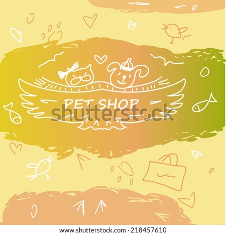 Colorful banner with animals for pet shop. Cat, dog, fish, bird, animal tracks in the logo. Hand-drawn cartoon, funny, kids animalic background