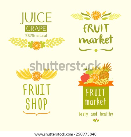 Set vector logo for a store of fruits fruit juice labels Guaranteed quality and fresh fruit Juice label Set vector logo for a store of fruits fruit juice labels Guaranteed quality and fresh fruit Juice label