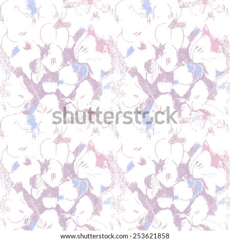 Seamless pattern with purple flowers. Pastel sketch. Bright floral pattern, light and airy.