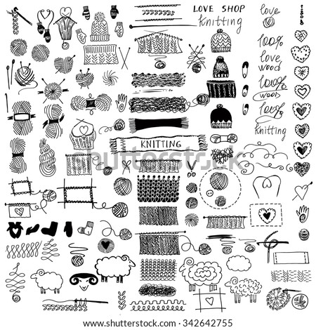 Hand drawn vector  illustration. Set of knitting and crafts.Knit and Crochet. Hat and Snood, mittens and socks.