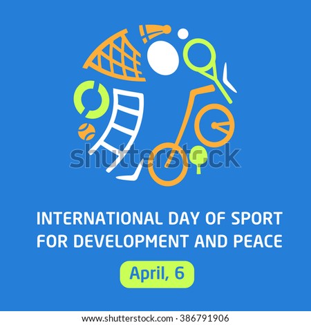 Vector logo sports school, club, shop for sports, competition sports. Silhouettes of a man sporting equipment. International day sport for development and peace. Symbolism, conceptual and brevity.
