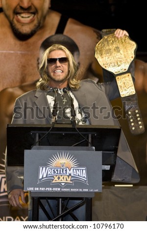 WWE World Champion Edge at the Wrestlemania Press Conference in New York\'s Hard Rock Cafe on March 26, 2008.