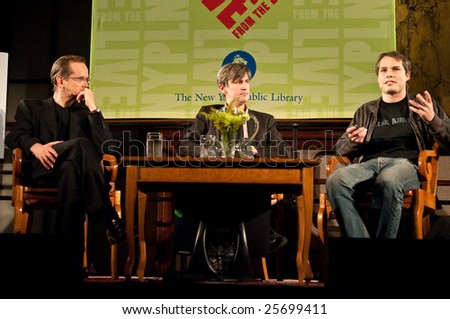 NEW YORK - FEBRUARY 26:  From left, law professor Lawrence Lessig, author Steven Johnson, and artist Shepard Fairey on February 26, 2009 at the New York Public Library.