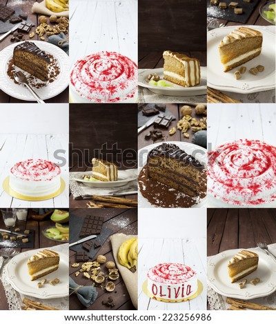 Collage of three cakes: red velvet cake, melon and caramel cake, and chocolate, banana and walnuts cake. All of them on a brown or white wooden table.