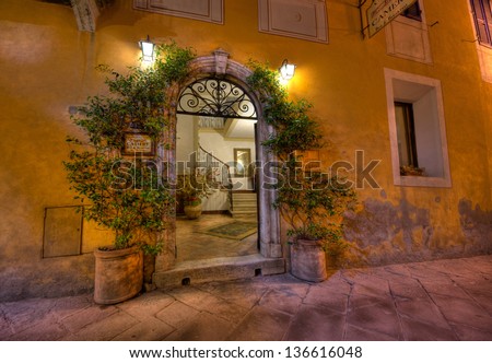 MONTALCINO of TUSCANY, MAY 17:  a view of the Camere hotel entrance in Montalcino on May 17, 2012. Within Montalcino, Le Camere ranks as 8th most popular hotel style accommodation and has 20 rooms