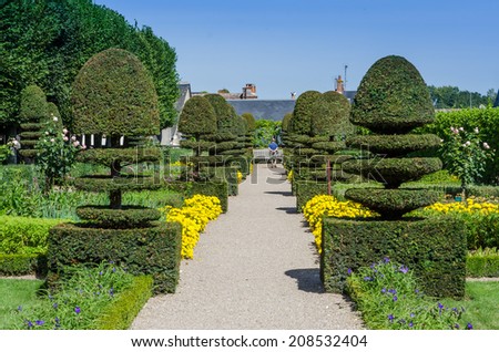 FRANCE VILLANDY SEP 2013: view of the garden of Villandry castle on 1 September 2013. The Vilandry castle has famous gardens include a water garden, ornamental flower gardens, and vegetable gardens.