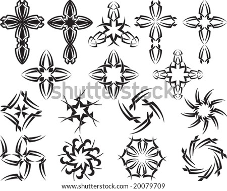 stock vector : Vector Tribal tattoo set Cross, Sun, Flame Designs