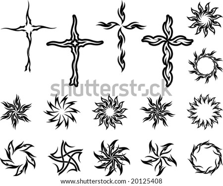 stock vector : Vector Tribal tattoo set Cross, Sun, Flame Designs