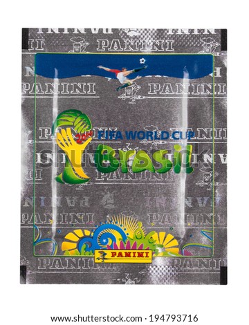 KRAGUJEVAC, SERBIA - MAY 25, 2014: Panini 2014 FIFA World Cup Brazil Official Licensed Stickers pack