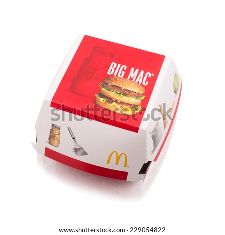 BELGRADE, SERBIA - NOVEMBER 5, 2014: Big Mac hamburger box on a white background. Big Mac is one of the most famous hamburgers, produced by McDonald\'s since 1967.