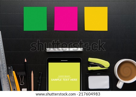 Office desk,Office supplies and coffee cup