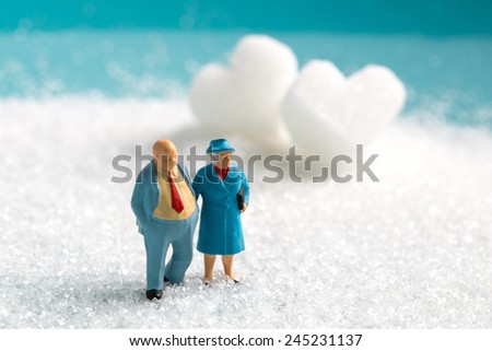 a miniature Senior couple walking on the snow in winter time with White Sugar in heart shape