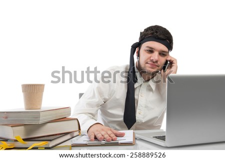 Hard working,businessman with office files on office desk isolated on white with clipping path