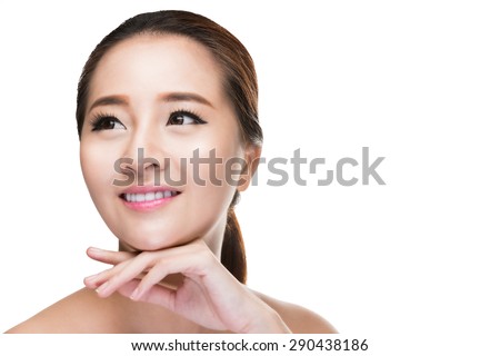 Beautiful woman cares for the skin face - posing at studio isolated on white with clipping path,asian Beauty.