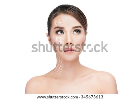 Face lift anti-aging treatment, portraitAsian woman with graphic lines showing facial lifting effect on skin,antiaging concept.