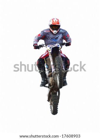 Armands, Kegums, Latvia June 16, training on track, Motorbike airbone isolated on white background