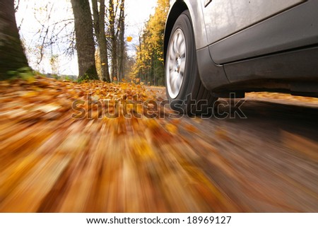 Car driving on country road. Autumn scene, low angle, motion blur.