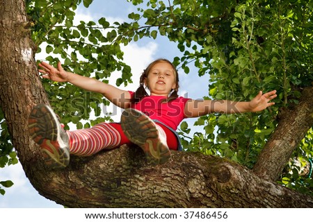 Little girl climbed on tree and sitting on tree branch, low angle view
