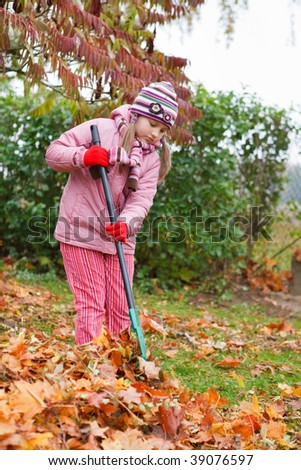 Little girl rake colorful fallen autumn leaves in garden