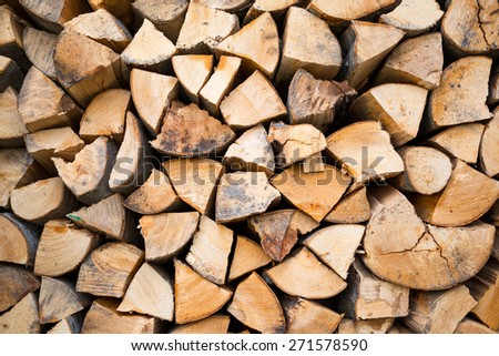 Dry chopped firewood logs ready for winter. Selective focus