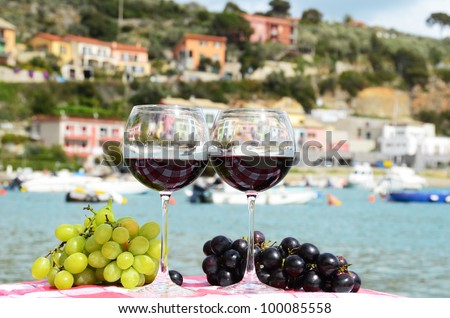 Pair of wineglasses and grapes against the harbour of Portvenere, Italy