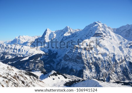 Eiger, Moench and Jungfrau, famous Swiss mountain peaks