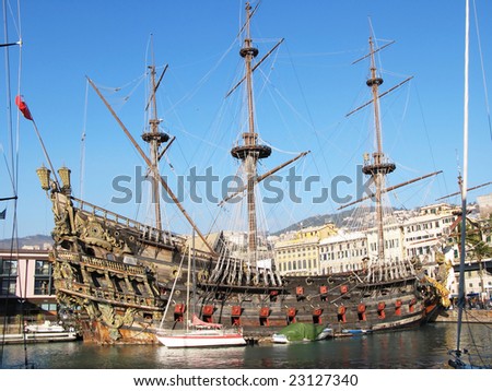 Old Spanish galleon in the port of Genoa