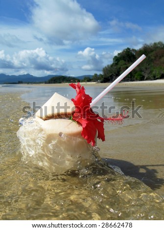 Coconut cocktail in the surf. Langkawi island, Malaysia