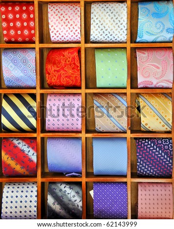 Ties on the shelf of a shop in Como region, Italy