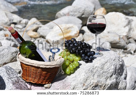 Red wine and grapes served at a picnic. Verzasca valley, Switzerland