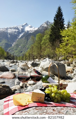 Red wine, cheese and grapes served at a picnic. Verzasca valley, Switzerland