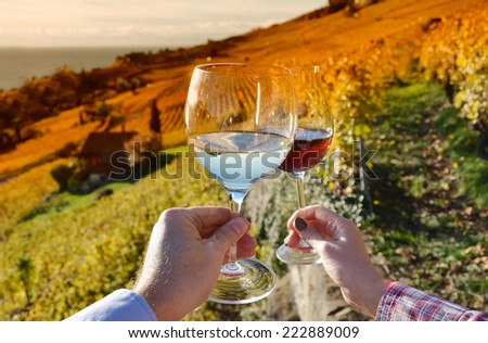 Two hands holding wineglases against vineyards in Lavaux region, Switzerland