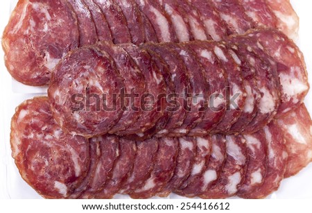 Delicatessen products cut into thin slices with a clearly visible structure and content of meat. The individual pieces of dried meat suitable for combining the commercials.